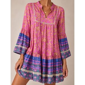 Coco + Carmen Pink Boho Paisley Tunic Dress Crochet Trim Tassel Flowy S/M